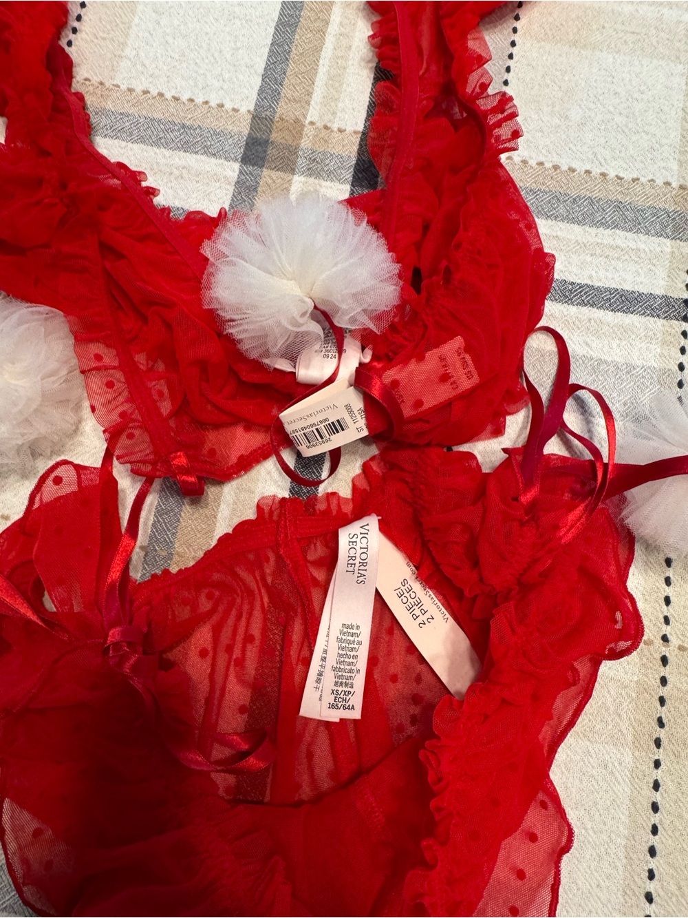 Red Off-Shoulder Pom-Pom Lingerie Set - Picture 3 of 3